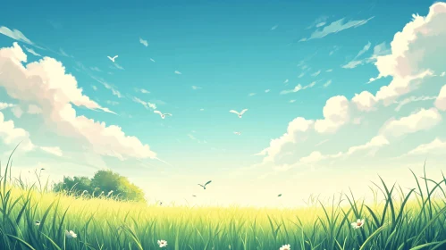 Peaceful Meadow Scene with Blue Sky