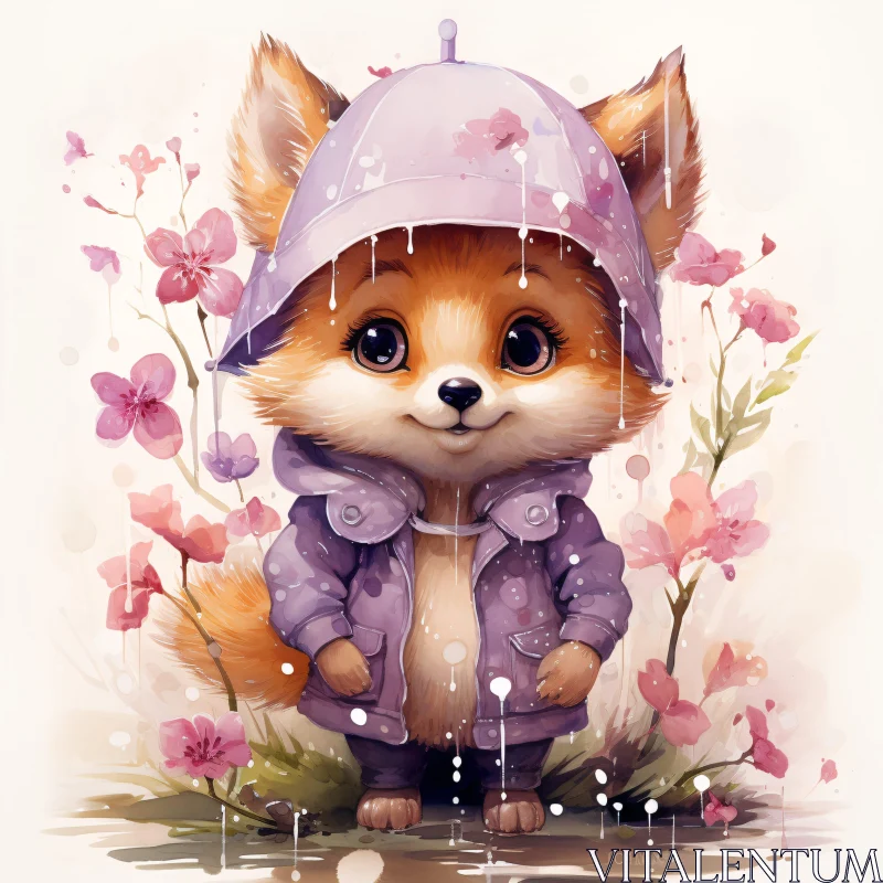 Whimsical Fox Portrait in Rainy Garden AI Image