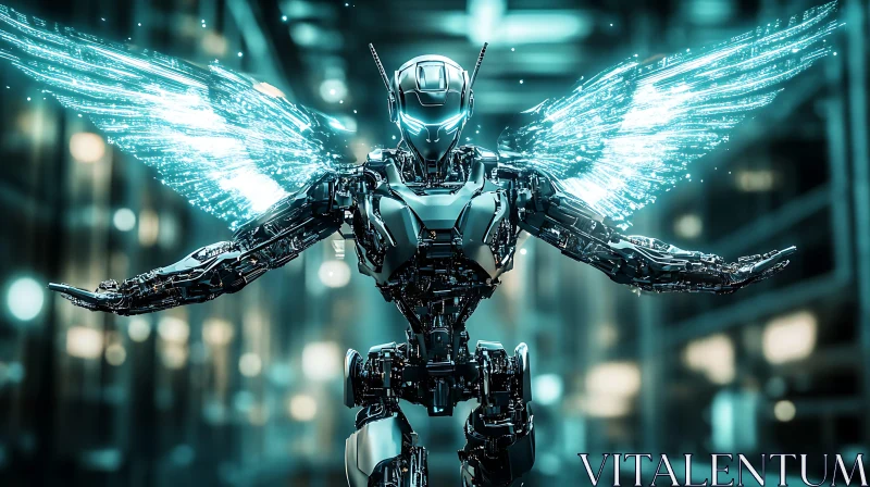 AI ART Cyborg in Technological Environment with Luminous Wings