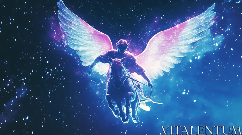 Winged Horse Rider in Starry Sky AI Image