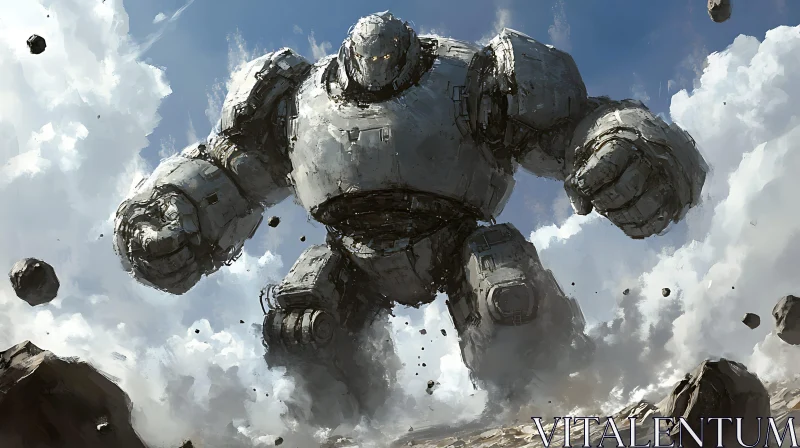 Metallic Giant Robot in Cloudy Sky AI Image