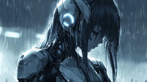 Somber Cyborg in Downpour