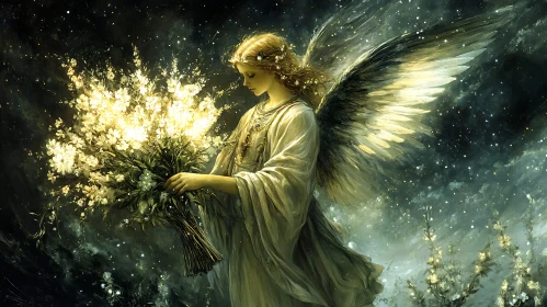 Celestial Angel Holding Luminous Flowers