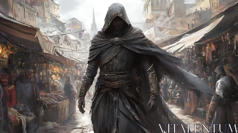 Hooded Figure in Medieval Market AI Image