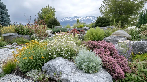 Floral Garden with Mountain Backdrop