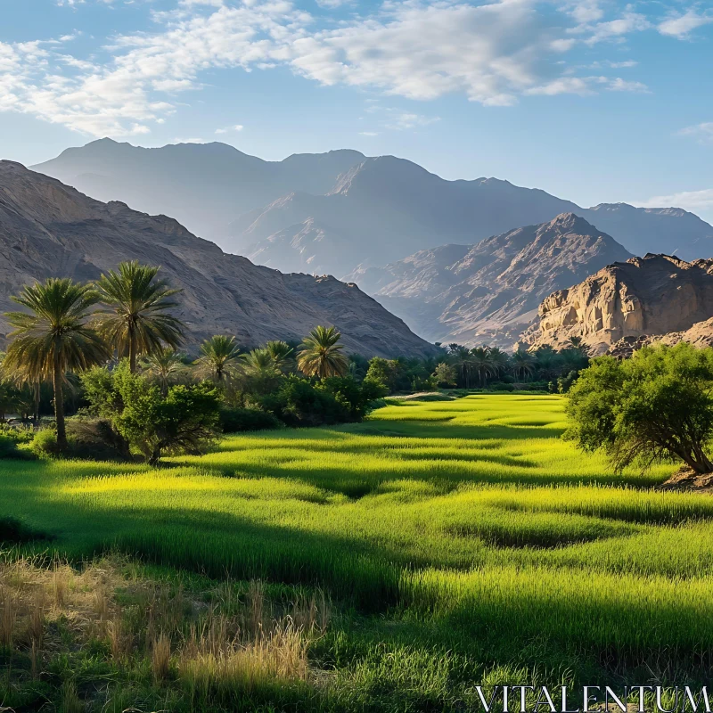 Mountain Valley Vista with Green Field AI Image