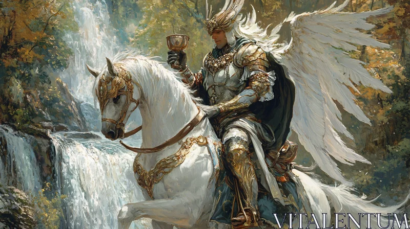 AI ART Ethereal Knight with Chalice by Waterfall