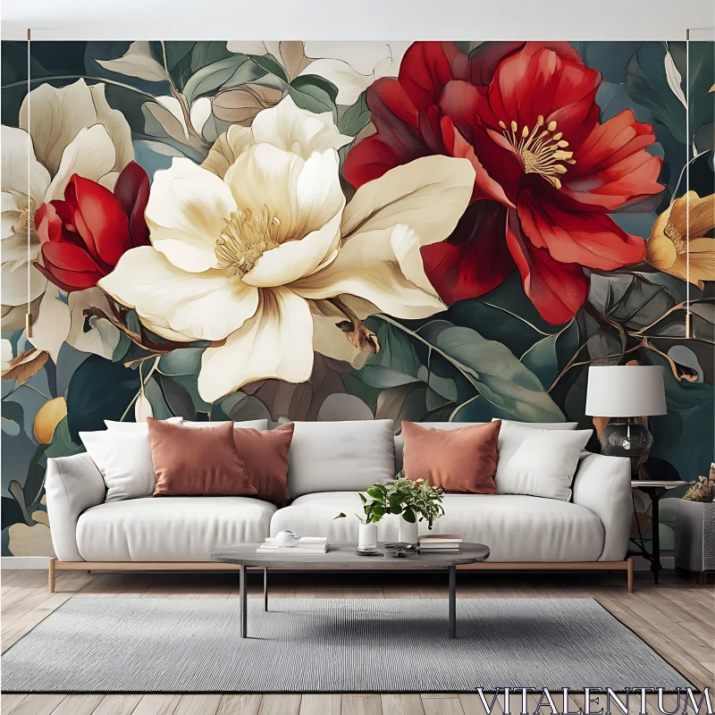 AI ART Modern Living Room with Floral Accent Wall