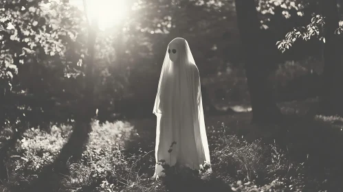 Ghostly Figure in Forest Sunlight