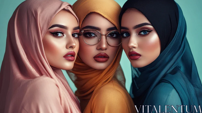 Three Beauties in Traditional Headscarves AI Image