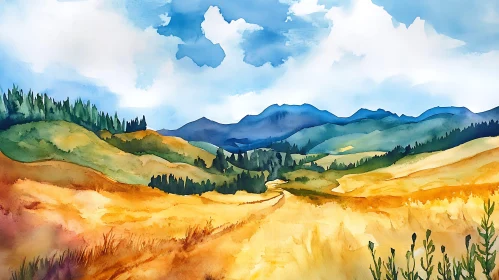 Serene Watercolor Mountain Vista