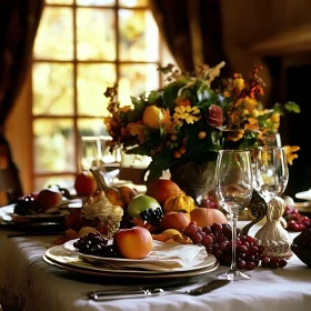 Festive Thanksgiving Table with Fruits and Flowers