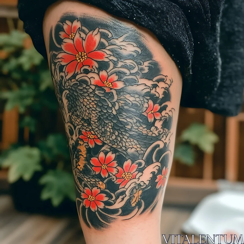 Stunning Dragon and Flower Thigh Tattoo AI Image