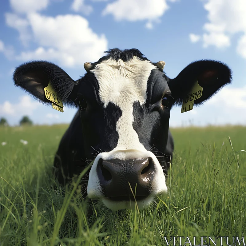 Black and White Cow Grazing AI Image