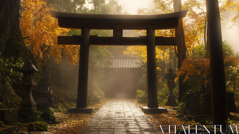 Autumnal Torii Gate in Misty Forest AI Image