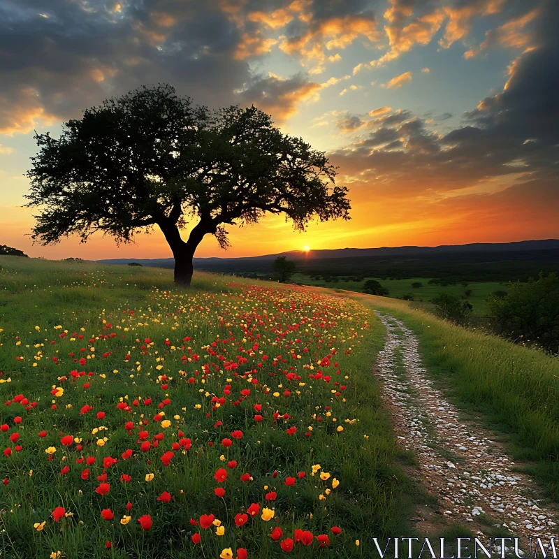 AI ART Scenic Sunset Landscape with Flower Field