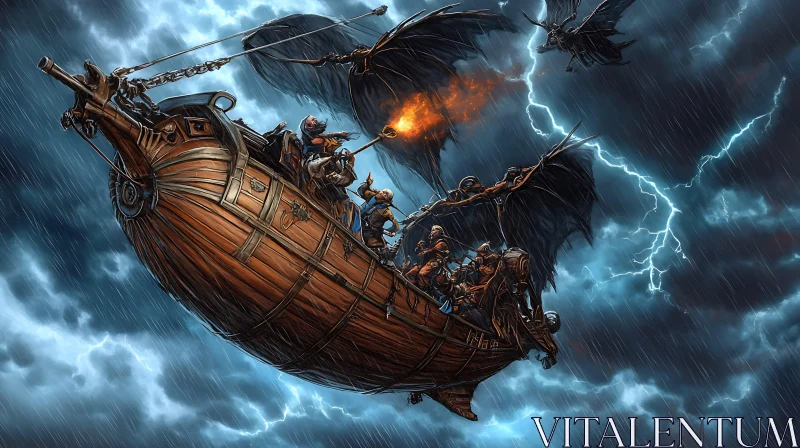 AI ART Steampunk Airship Confronts Winged Foes