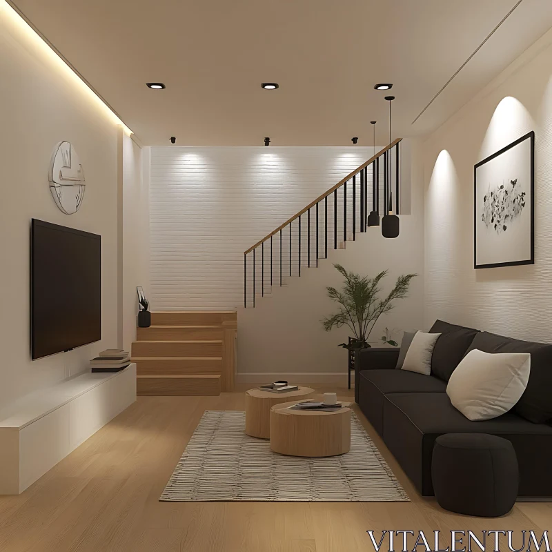 AI ART Minimalist Interior with Wooden Staircase