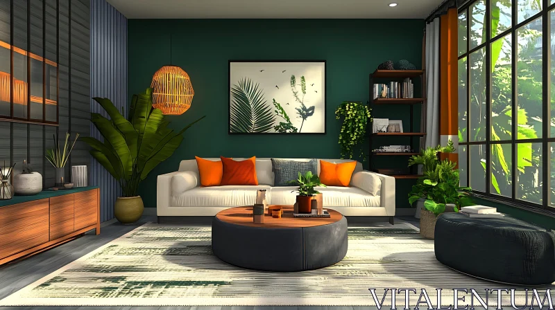 AI ART Cozy Living Room with Green Accents