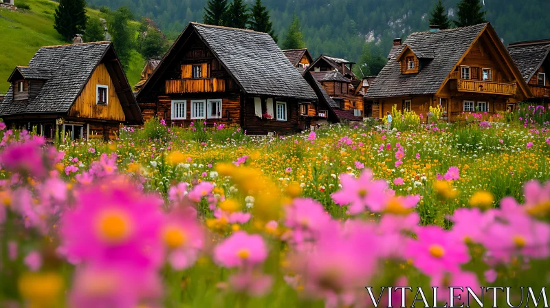 Scenic Flower Field and Houses AI Image