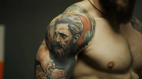 Intricate Bearded Man Tattoo on Muscular Shoulder