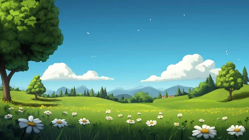 Tranquil Meadow with Daisies and Clouds