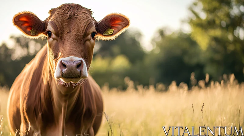 Peaceful Cow Grazing in Golden Field AI Image