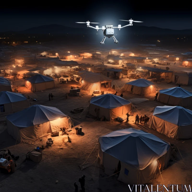Drone Illuminating Tents in Desert Night - Quantumpunk Style AI Image