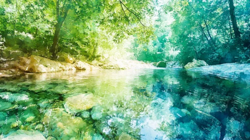 Peaceful River Scene in a Sunlit Forest