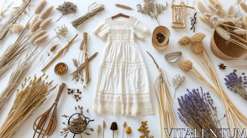 Enchanting White Dress with Dried Flowers and Natural Elements AI Image