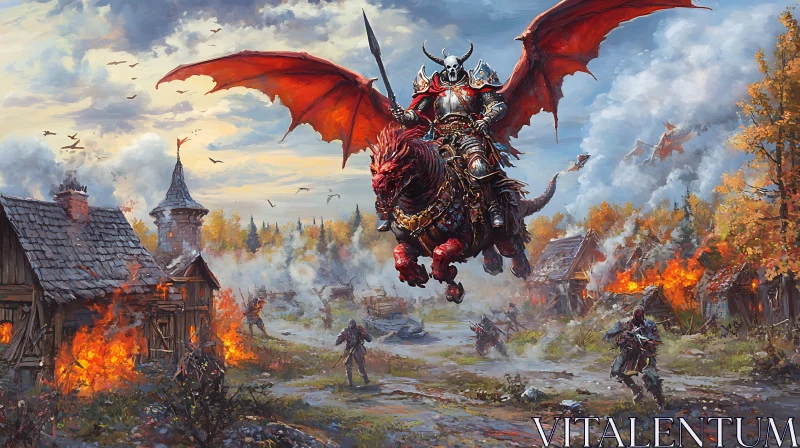 AI ART Winged Dragon Rider Over Burning Town