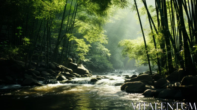 Mountain Stream Surrounded by Bamboo and Sunrays AI Image