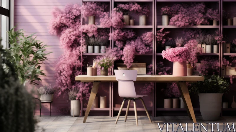 Purple Interior Design with Flowering Plants and Wooden Desk AI Image