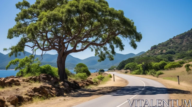 AI ART Serene Road with Tree and Lake | Australian Landscapes