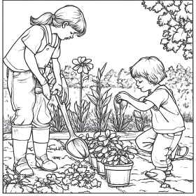 Kids Gardening: Black and White Garden Scene