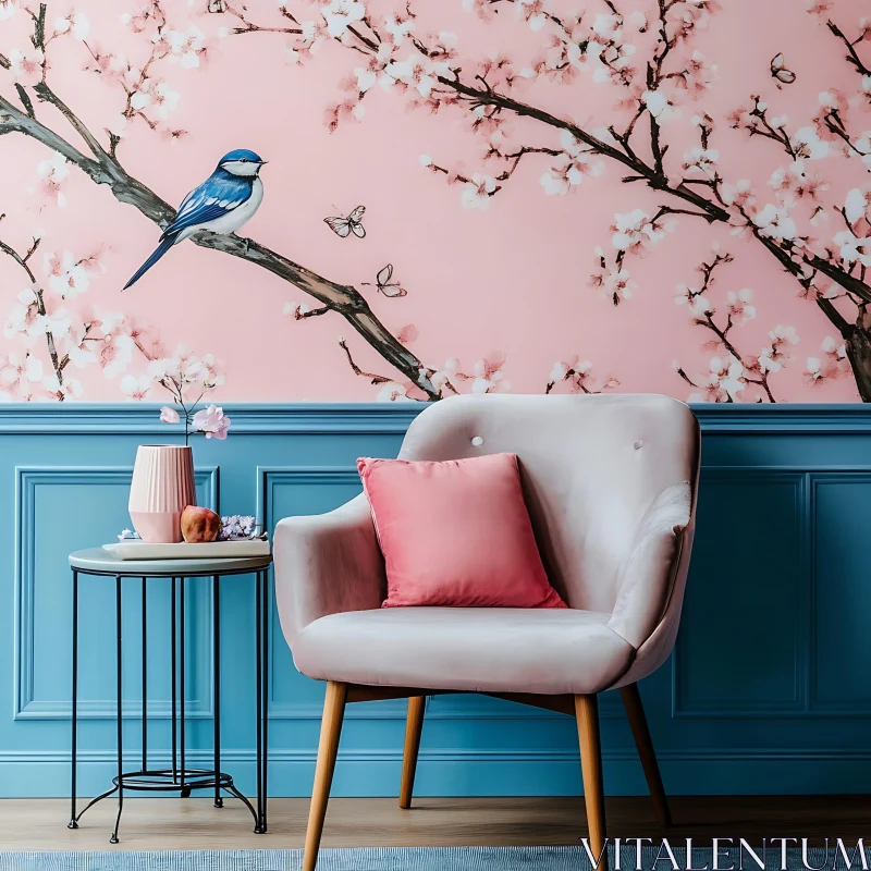 Pink Interior Design with Bird Accent AI Image