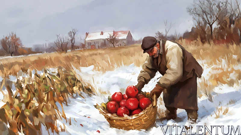 Old Man Apple Harvest Winter Scene AI Image