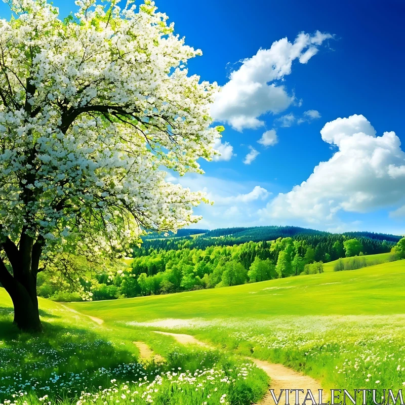 Spring Meadow with Blossoming Tree AI Image