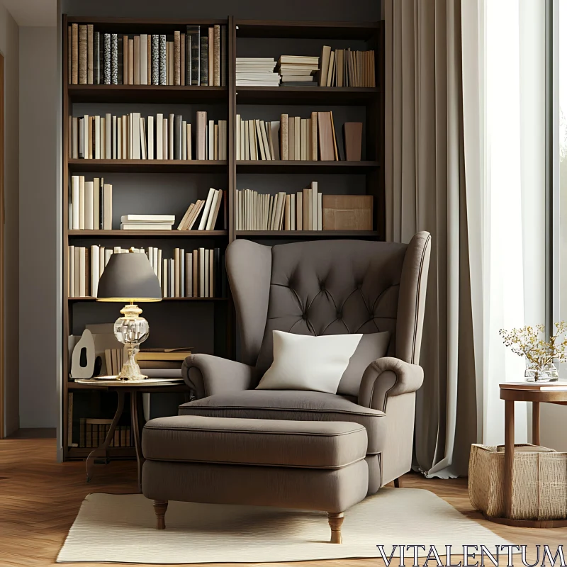 Cozy Interior with Armchair and Bookshelves AI Image