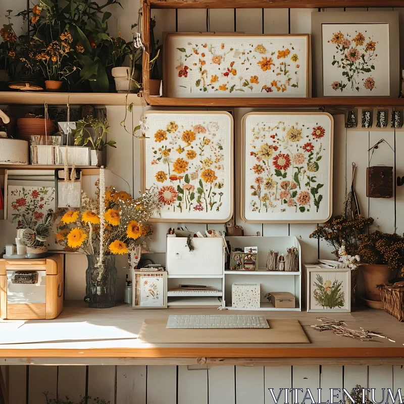 Sunlit Craft Room with Floral Displays AI Image