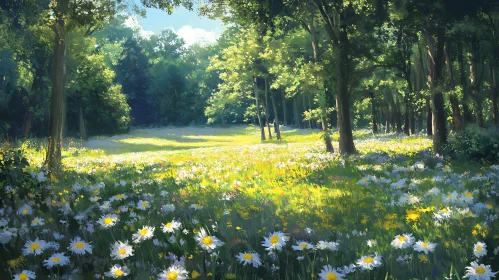 Sunlit Forest Glade with Daisies
