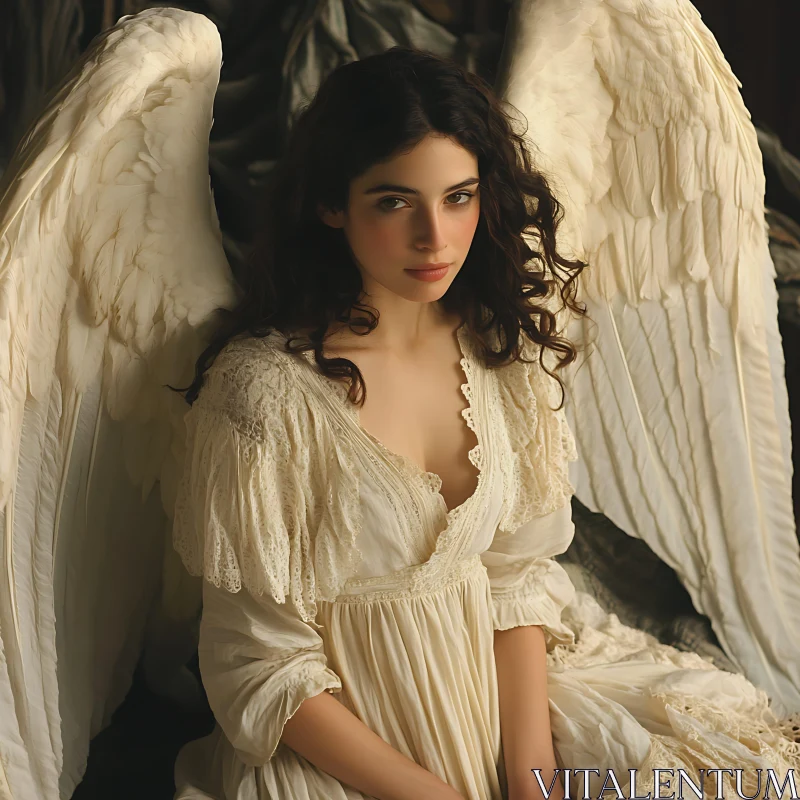 Angel in White Dress with Feathered Wings AI Image