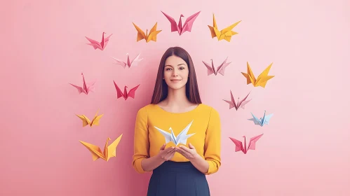 Colorful Origami Birds with a Woman