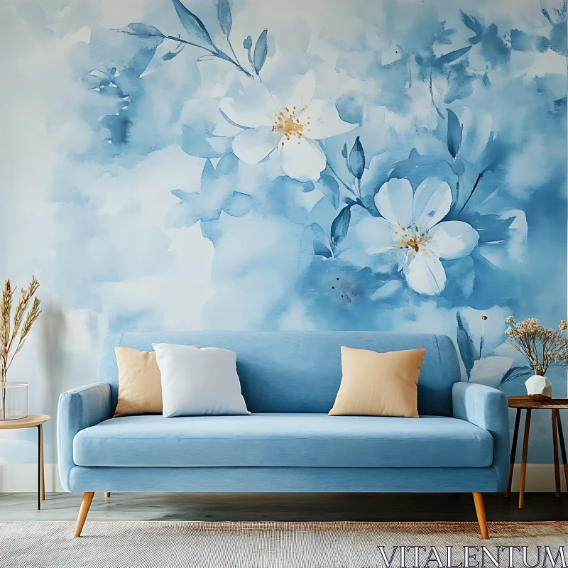 AI ART Watercolor Floral Design and Blue Sofa