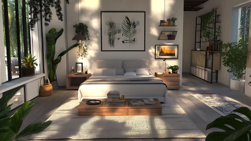 Sunlit Bedroom with Greenery and Minimalist Design