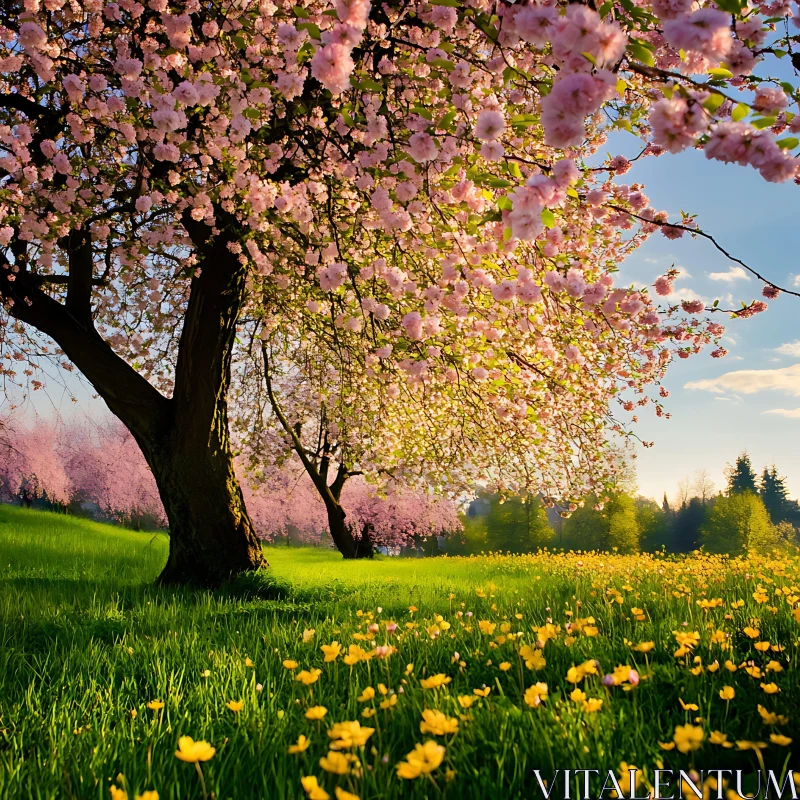 Pink Blossoms and Yellow Flowers Field AI Image