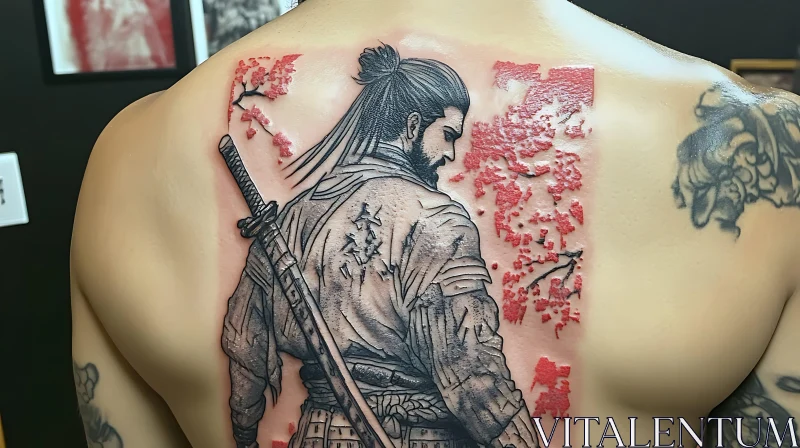 Traditional Samurai and Cherry Blossoms Tattoo Art AI Image