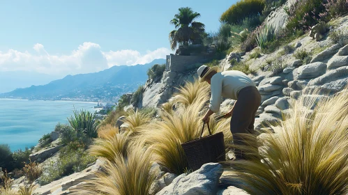 Scenic Hillside with Man and Basket