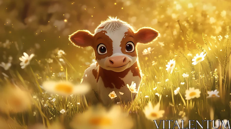 Cute Calf Portrait in Summer Field AI Image