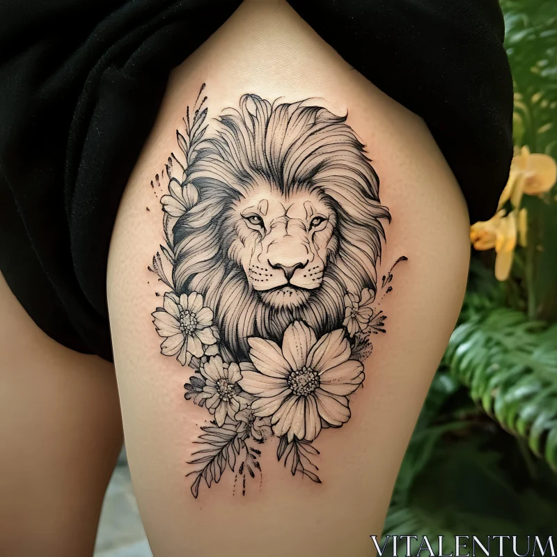 Intricate Lion Head and Flowers Tattoo AI Image